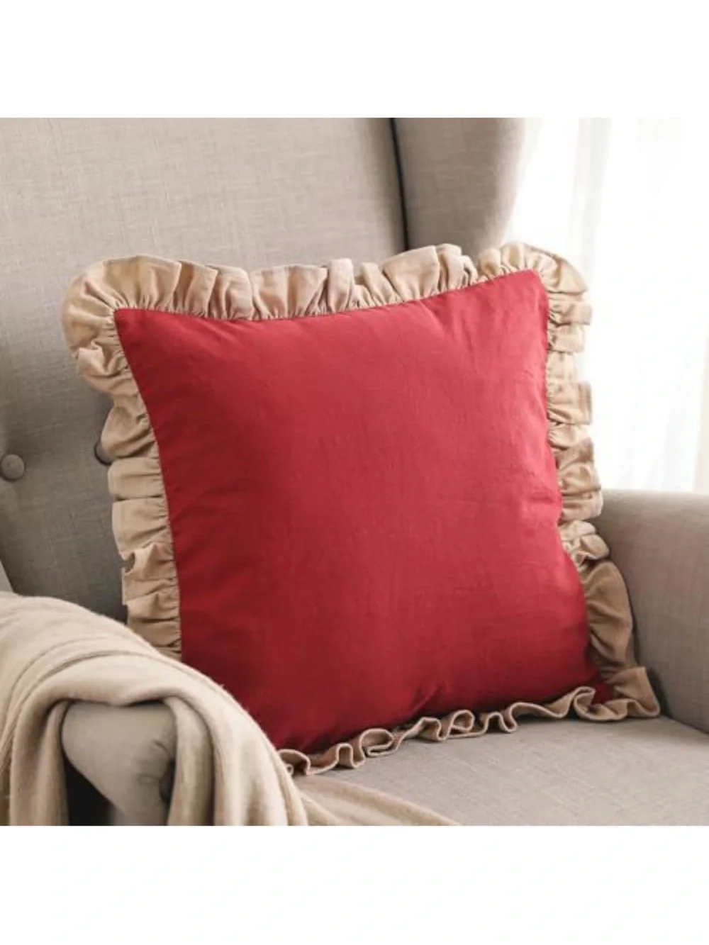 Red Ruffled Throw Pillow Pair with Cream Trim